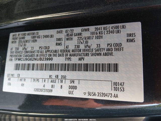 44881279 :رقم المزاد ، 1FMCU9G62NUB23990 vin ، 2022 Ford Escape Se مزاد بيع