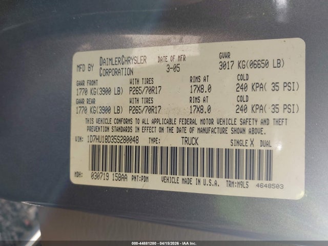 Aukcja sprzedaży 2005 Dodge Ram 1500 Slt/laramie, vin: 1D7HU18D35S280048, numer aukcji: 44881280