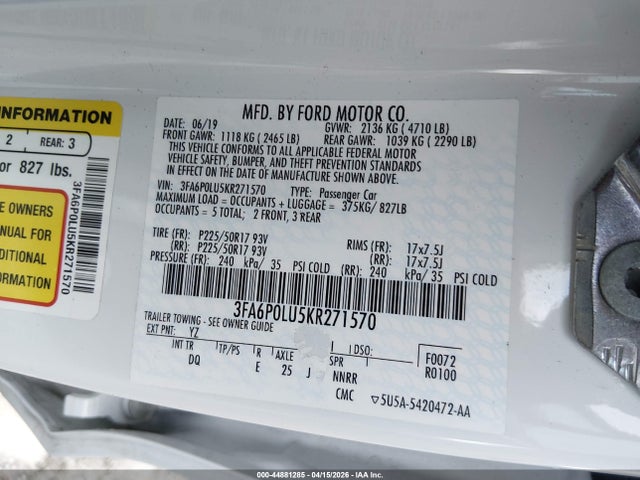 Ford Fusion Hybrid Se 2019 3FA6P0LU5KR271570 Image 9