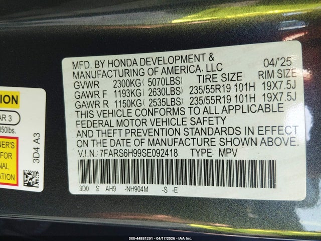 Aukcja sprzedaży 2025 Honda Cr-v Hybrid Sport Touring, vin: 7FARS6H99SE092418, numer aukcji: 44881291