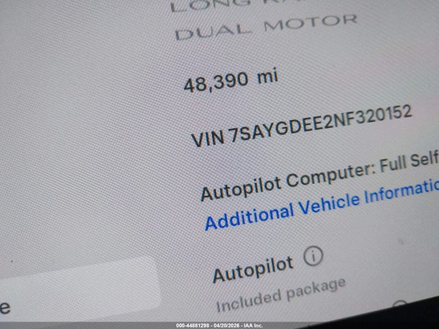 44881298 :رقم المزاد ، 7SAYGDEE2NF320152 vin ، 2022 Tesla Model Y Long Range Dual Motor All-wheel Drive مزاد بيع