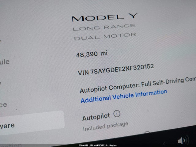 44881298 :رقم المزاد ، 7SAYGDEE2NF320152 vin ، 2022 Tesla Model Y Long Range Dual Motor All-wheel Drive مزاد بيع