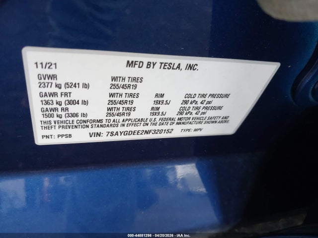 44881298 :رقم المزاد ، 7SAYGDEE2NF320152 vin ، 2022 Tesla Model Y Long Range Dual Motor All-wheel Drive مزاد بيع