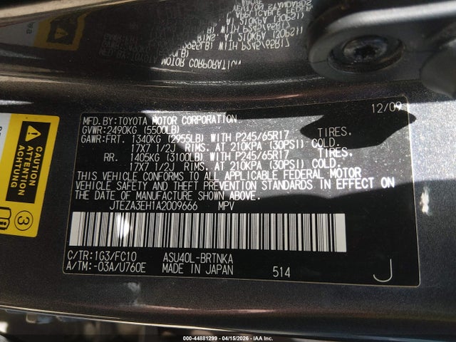 44881299 :رقم المزاد ، JTEZA3EH1A2009666 vin ، 2010 Toyota Highlander مزاد بيع