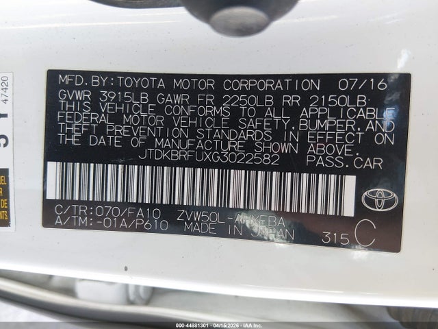 JTDKBRFUXG3022582 Toyota Prius Two