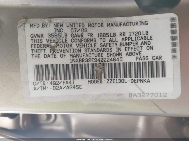 2004 TOYOTA COROLLA 1NXBR32E94Z224645 Photo 8