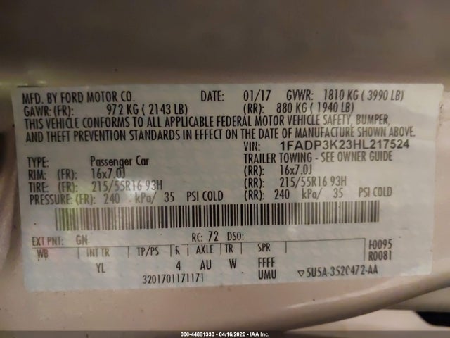 2017 Ford Focus Se მანქანა იყიდება აუქციონზე, vin: 1FADP3K23HL217524, აუქციონის ნომერი: 44881330