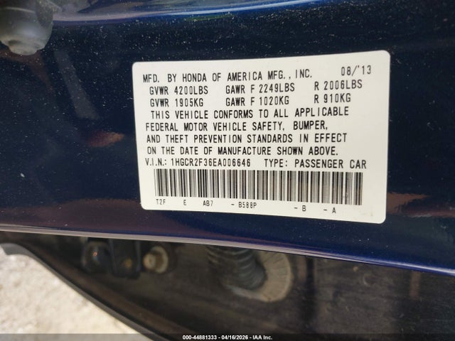44881333 :رقم المزاد ، 1HGCR2F36EA006646 vin ، 2014 Honda Accord Lx مزاد بيع