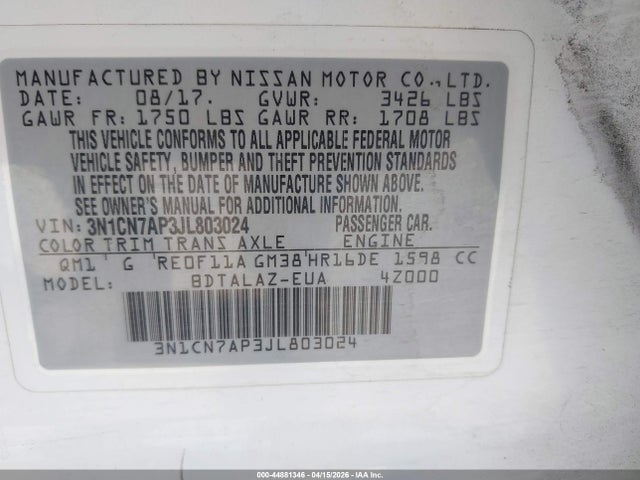 3N1CN7AP3JL803024 Nissan Versa 1.6 S+