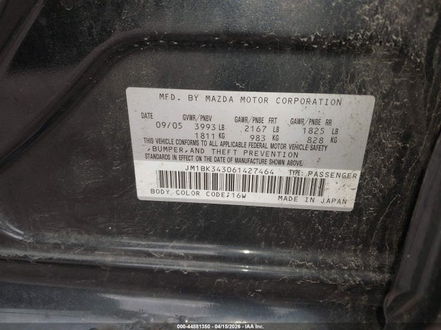 2006 Mazda Mazda3 S Touring მანქანა იყიდება აუქციონზე, vin: JM1BK343061427464, აუქციონის ნომერი: 44881350