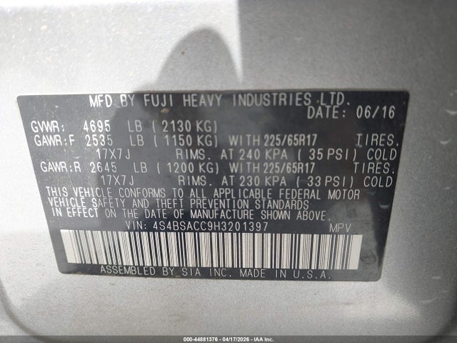 2017 Subaru Outback 2.5i Premium მანქანა იყიდება აუქციონზე, vin: 4S4BSACC9H3201397, აუქციონის ნომერი: 44881376