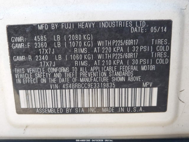 Продаж на аукціоні авто 2014 Subaru Outback 2.5i Premium, vin: 4S4BRBCC9E3319835, номер лоту: 44881385