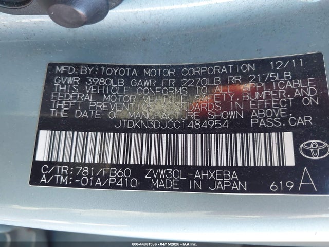 44881386 :رقم المزاد ، JTDKN3DU0C1484954 vin ، 2012 Toyota Prius Two مزاد بيع