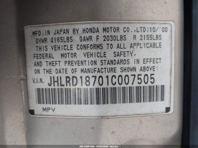 Aukcja sprzedaży 2001 Honda Cr-v Special Edition, vin: JHLRD18701C007505, numer aukcji: 44881388