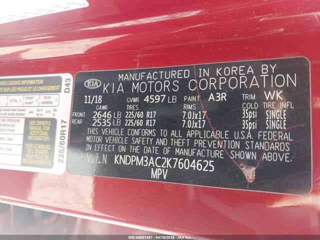 Aukcja sprzedaży 2019 Kia Sportage Lx, vin: KNDPM3AC2K7604625, numer aukcji: 44881397