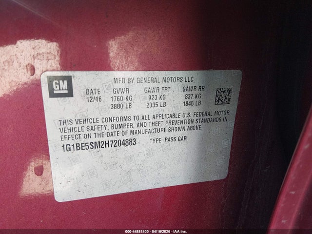 Продажа на аукционе авто 2017 Chevrolet Cruze Lt Auto, vin: 1G1BE5SM2H7204883, номер лота: 44881400