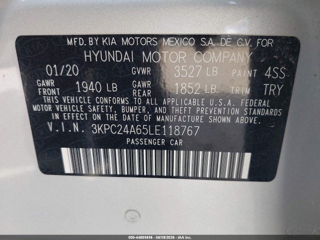 44881416 :رقم المزاد ، 3KPC24A65LE118767 vin ، 2020 Hyundai Accent Se مزاد بيع