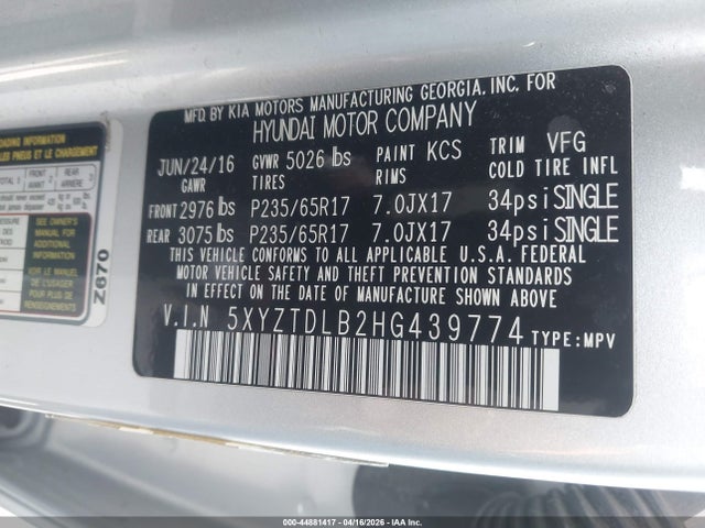 5XYZTDLB2HG439774 Hyundai Santa Fe Sport 2.4l