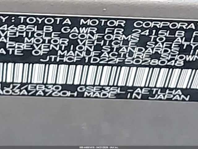 Aukcja sprzedaży 2015 Lexus Is 250, vin: JTHCF1D22F5028048, numer aukcji: 44881419