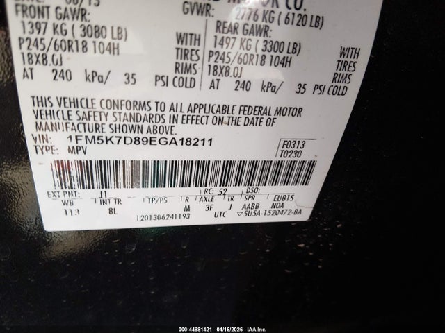 1FM5K7D89EGA18211 Ford EXPLORER XLT