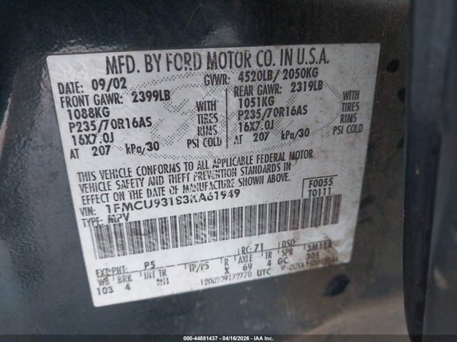Aukcja sprzedaży 2003 Ford Escape Xlt, vin: 1FMCU93183KA61949, numer aukcji: 44881437