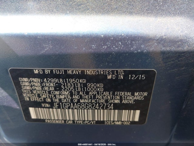 Продаж на аукціоні авто 2016 Subaru Impreza 2.0i, vin: JF1GPAA68G8242734, номер лоту: 44881441