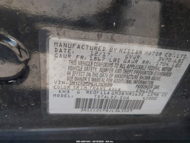 3N1CE2CP8JL363589 Nissan Versa Note Sv