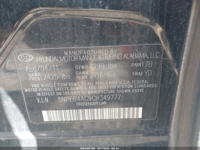 Aukcja sprzedaży 2012 Hyundai Sonata Gls, vin: 5NPEB4AC9CH349777, numer aukcji: 44881452