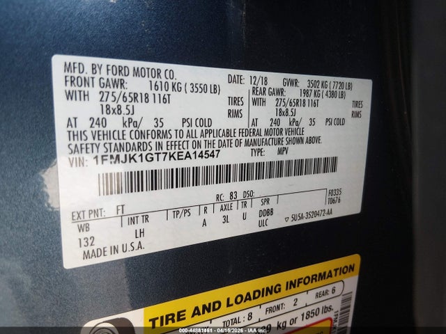 1FMJK1GT7KEA14547 Ford Expedition Max Xl