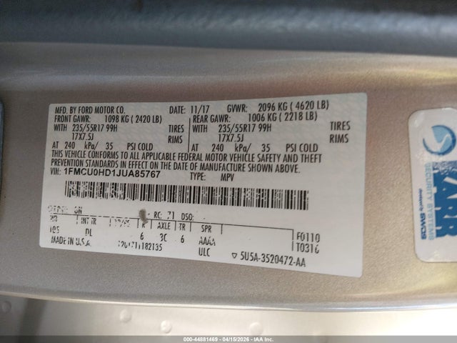 1FMCU0HD1JUA85767 Ford ESCAPE SEL