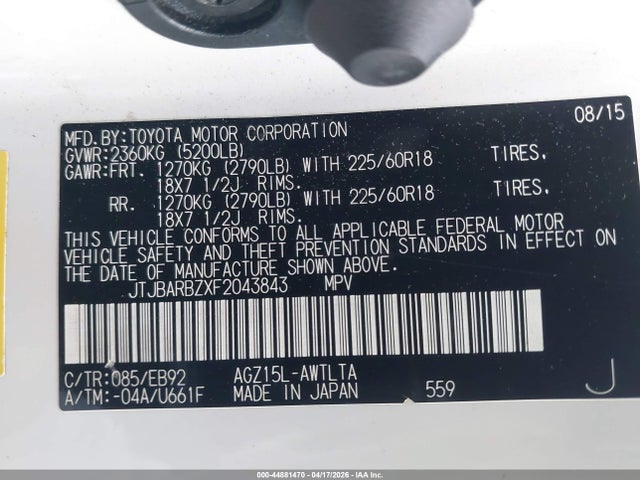 Aukcja sprzedaży 2015 Lexus Nx 200t F Sport, vin: JTJBARBZXF2043843, numer aukcji: 44881470