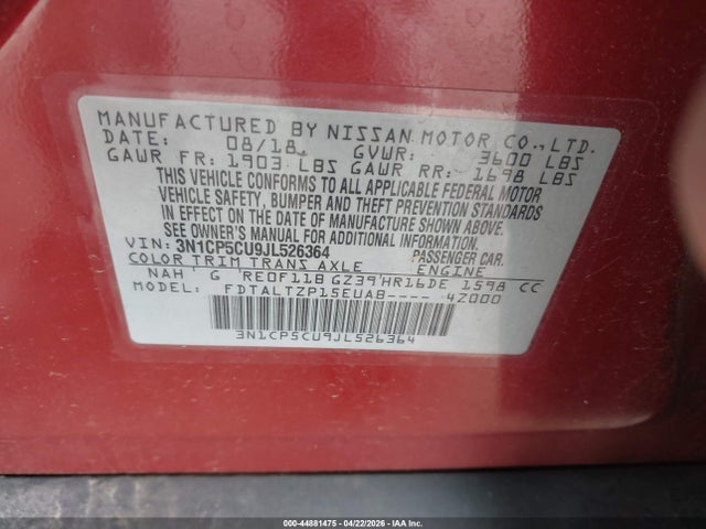 3N1CP5CU9JL526364 Nissan KICKS SR