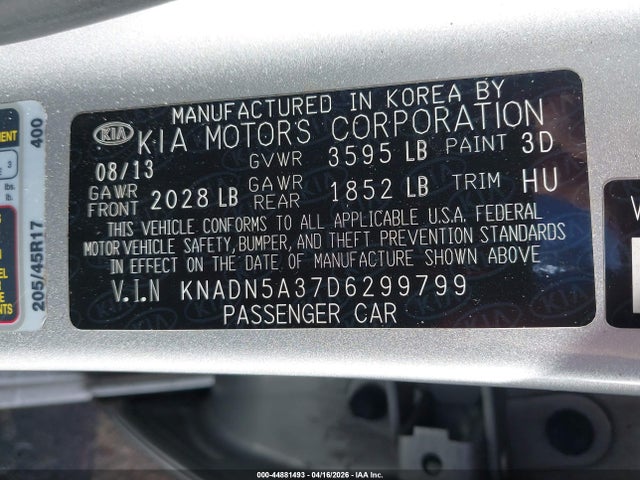2013 Kia Rio Sx მანქანა იყიდება აუქციონზე, vin: KNADN5A37D6299799, აუქციონის ნომერი: 44881493