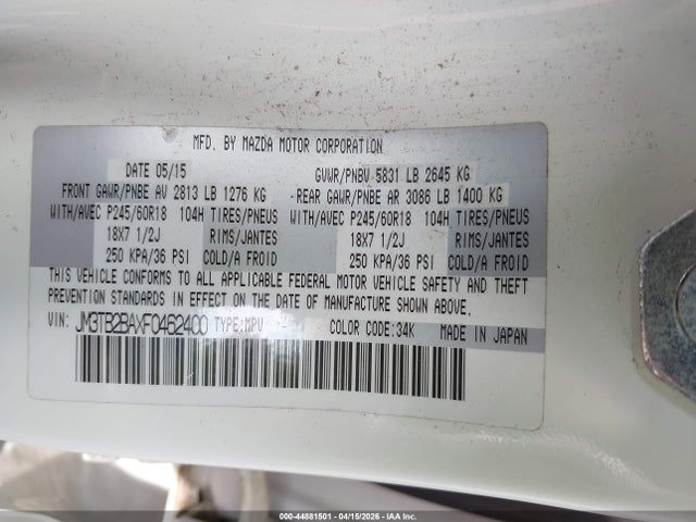 44881501 :رقم المزاد ، JM3TB2BAXF0462400 vin ، 2015 Mazda Cx-9 Sport مزاد بيع