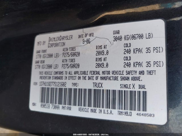 44881505 :رقم المزاد ، 1D7HU18277S121602 vin ، 2007 Dodge Ram 1500 Slt/trx4 Off Road/sport مزاد بيع
