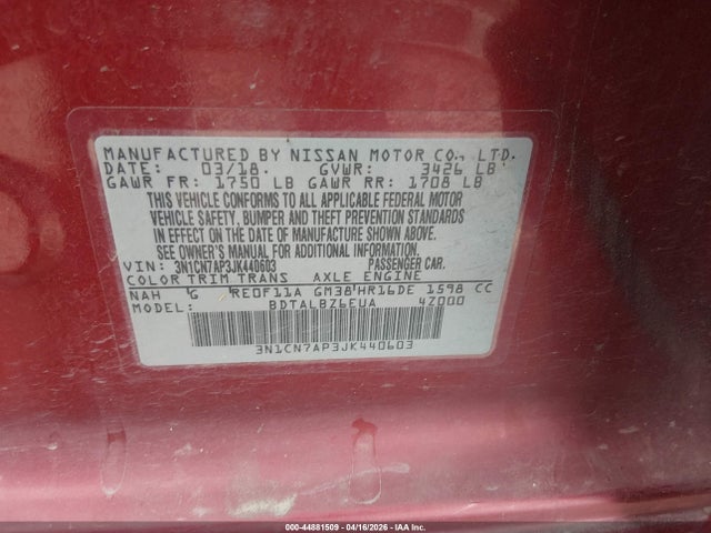 3N1CN7AP3JK440603 Nissan Versa 1.6 Sv