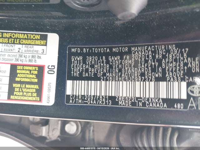 Aukcja sprzedaży 2018 Toyota Corolla Le, vin: 2T1BURHE1JC987376, numer aukcji: 44881515