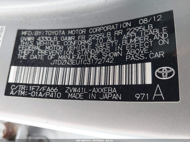 44881518 :رقم المزاد ، JTDZN3EU1C3172742 vin ، 2012 Toyota Prius V Three مزاد بيع