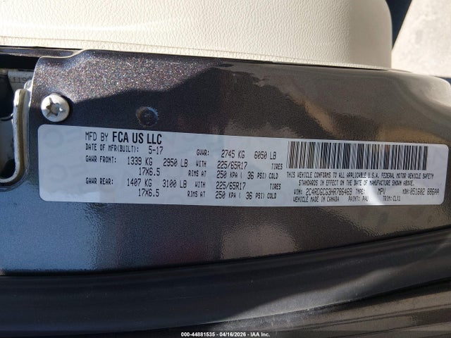 Aukcja sprzedaży 2017 Dodge Grand Caravan Sxt, vin: 2C4RDGCG3HR786469, numer aukcji: 44881535