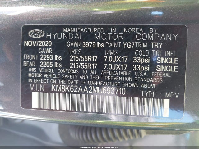 2021 Hyundai Kona Sel Plus მანქანა იყიდება აუქციონზე, vin: KM8K62AA2MU693710, აუქციონის ნომერი: 44881542