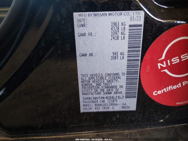 Продаж на аукціоні авто 2023 Nissan Altima S Fwd, vin: 1N4BL4BV5PN406262, номер лоту: 44881544