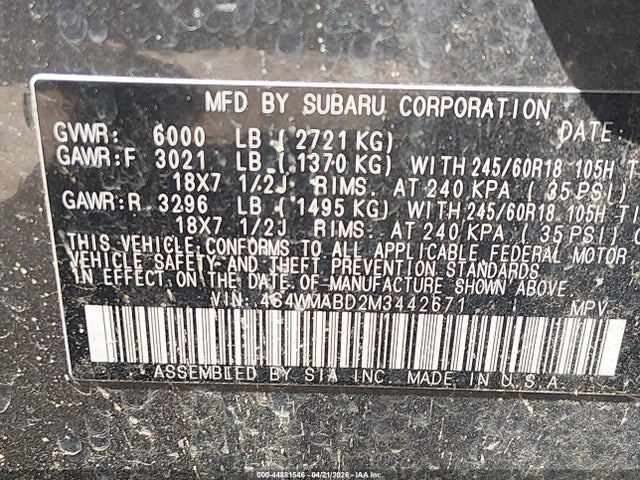 Aukcja sprzedaży 2021 Subaru Ascent Premium, vin: 4S4WMABD2M3442671, numer aukcji: 44881546
