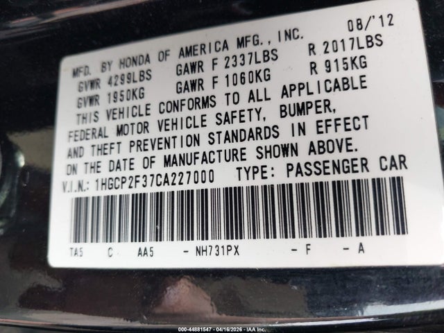 Aukcja sprzedaży 2012 Honda Accord 2.4 Lx, vin: 1HGCP2F37CA227000, numer aukcji: 44881547
