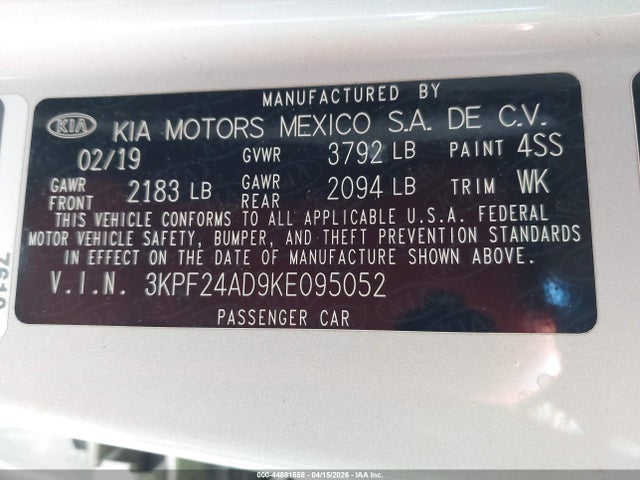 2019 Kia Forte Lxs მანქანა იყიდება აუქციონზე, vin: 3KPF24AD9KE095052, აუქციონის ნომერი: 44881558