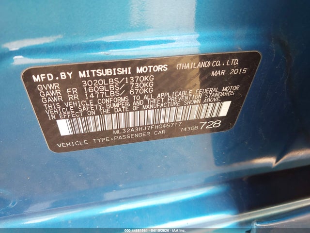 Aukcja sprzedaży 2015 Mitsubishi Mirage De, vin: ML32A3HJ7FH046717, numer aukcji: 44881561