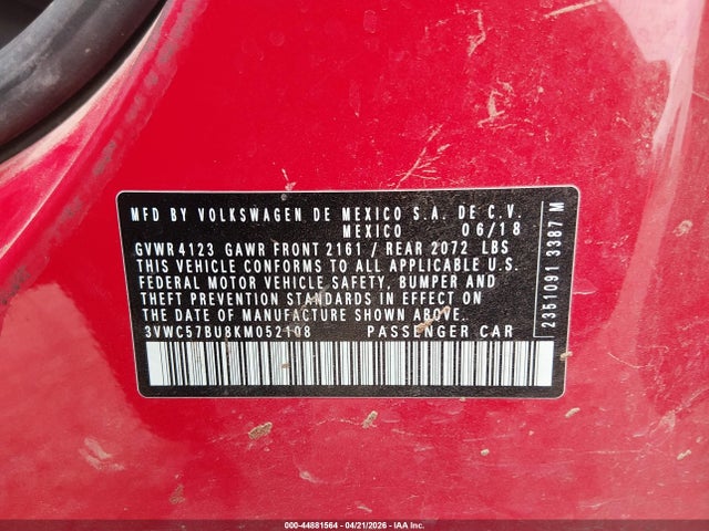 2019 Volkswagen Jetta 1.4t R-line/1.4t S/1.4t Se მანქანა იყიდება აუქციონზე, vin: 3VWC57BU8KM052108, აუქციონის ნომერი: 44881564