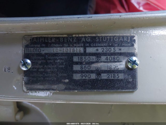 44881575 :رقم المزاد ، 12101816 vin ، 1967 Mercedes-benz 230 مزاد بيع