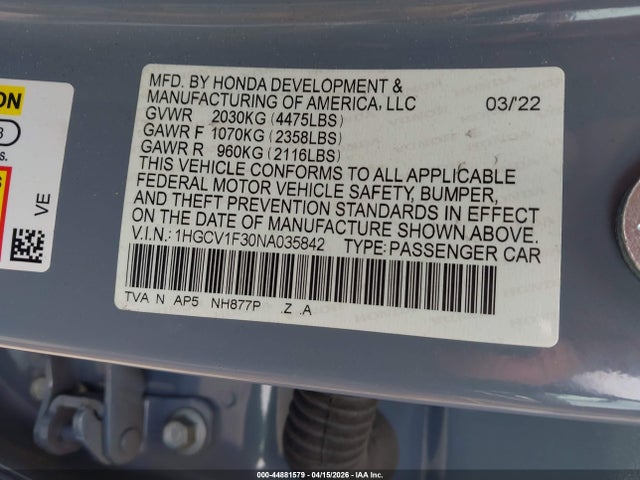 1HGCV1F30NA035842 Honda Accord Sport