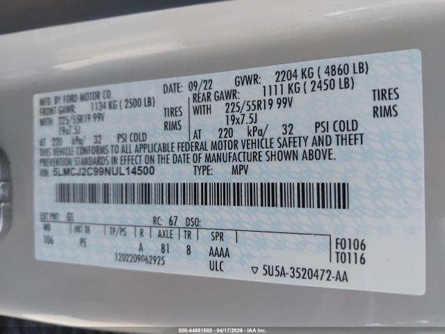 Aukcja sprzedaży 2022 Lincoln Corsair Reserve, vin: 5LMCJ2C99NUL14500, numer aukcji: 44881580