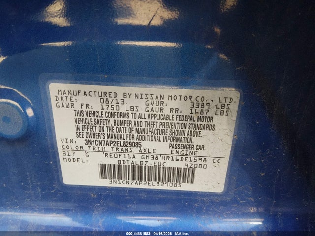 Aukcja sprzedaży 2014 Nissan Versa 1.6 Sv, vin: 3N1CN7AP2EL829085, numer aukcji: 44881583
